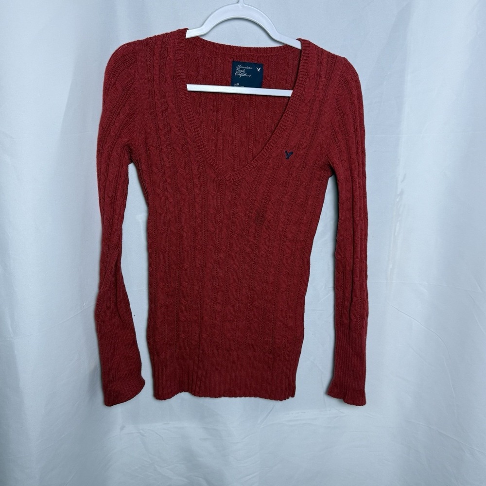 American Eagle Y2K Cable Knit Sweater Womens Large Red V Neck Preppy Cottagecore